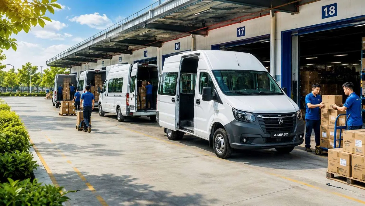 Đội xe tải Van Gazelle NN đang bốc hàng tại kho, cửa hông và cửa sau mở